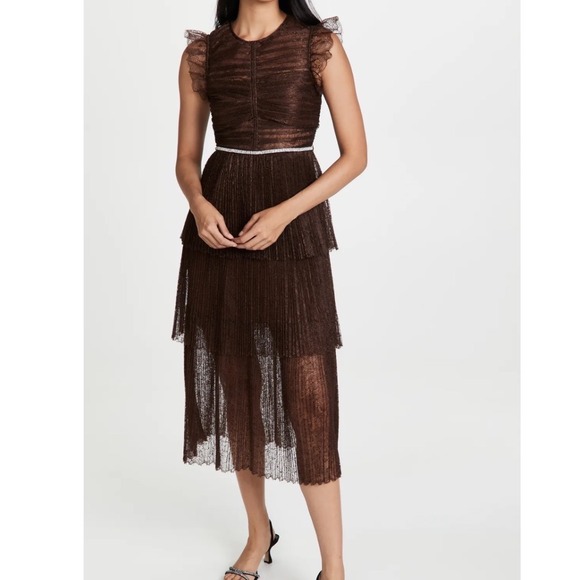 Self-Portrait Dresses & Skirts - Self-Portrait Brown Lace Tiered Midi Dress Ruched Ruffle Sleeveless US 4